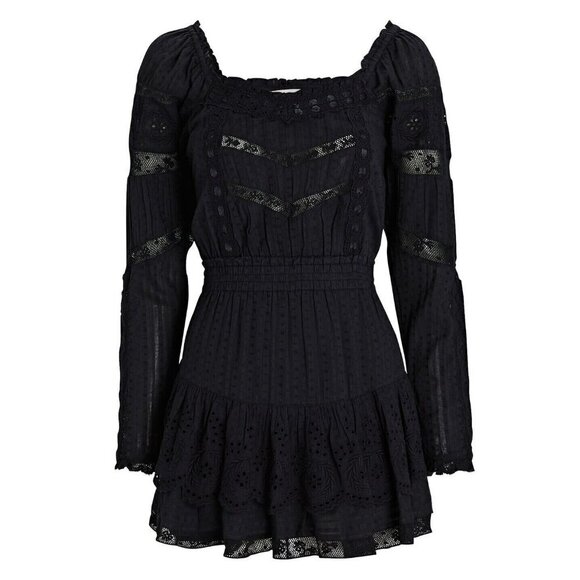 NWT LoveShackFancy Sanaya Mini in Black Ribbon & Eyelet Trim Cotton Dress L